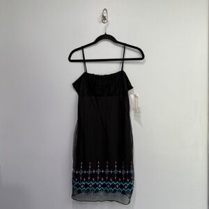 VTG Mirrors Black Mesh Mini Dress Pink Turquoise Embroidery‎ Y2K Large NWT
